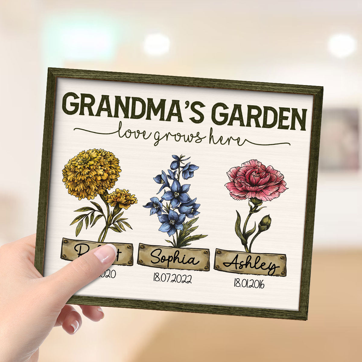 Grandma‘s Garden Love Grows Here Vintage Birth Month Flower Personalized 2-Layer Wooden Plaque