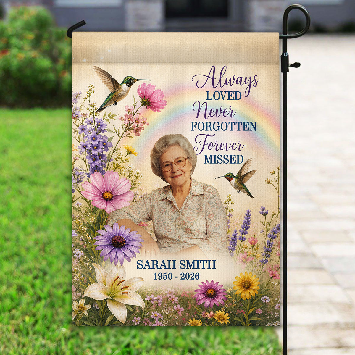 Always Loved Hummingbird Memorial - Personalized Garden Flag - Memorial Sympathy Gift Remembrance Keepsake Photo Inserted