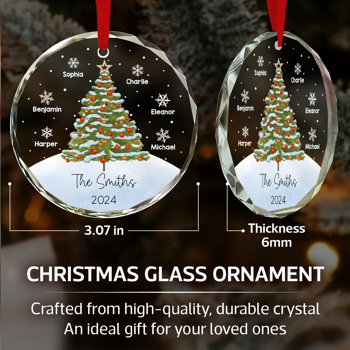 Watercolor Christmas Tree Family Names Personalized Glass Ornament