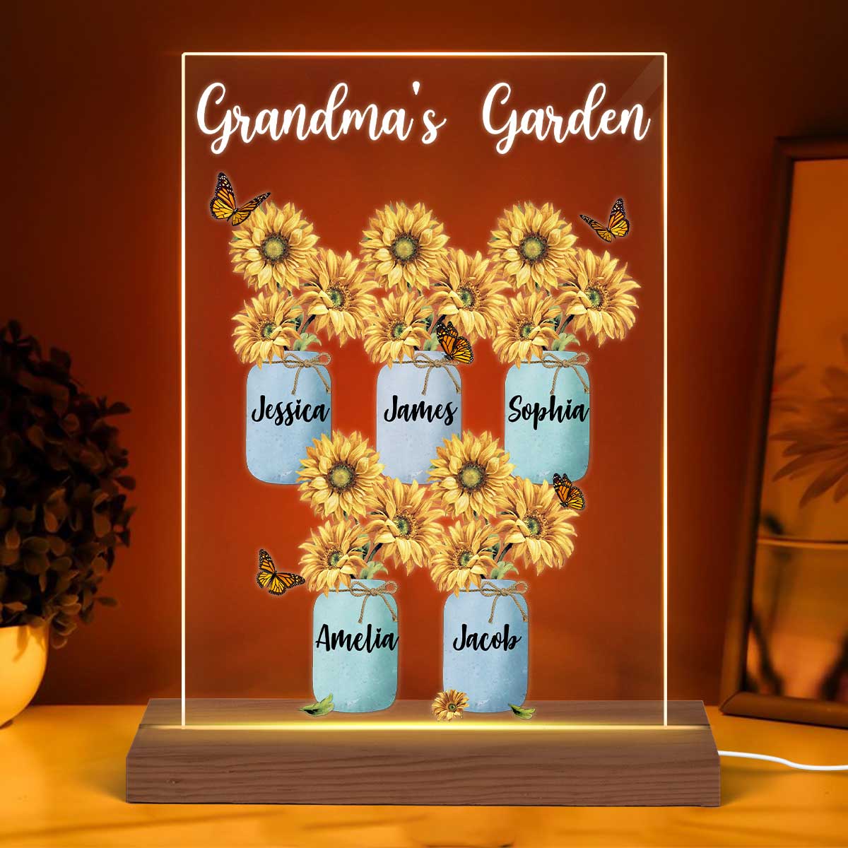 Grandma Garden Sunflower Personalized Plaque LED Night Light, Acrylic LED Lamp, Gift For Grandma