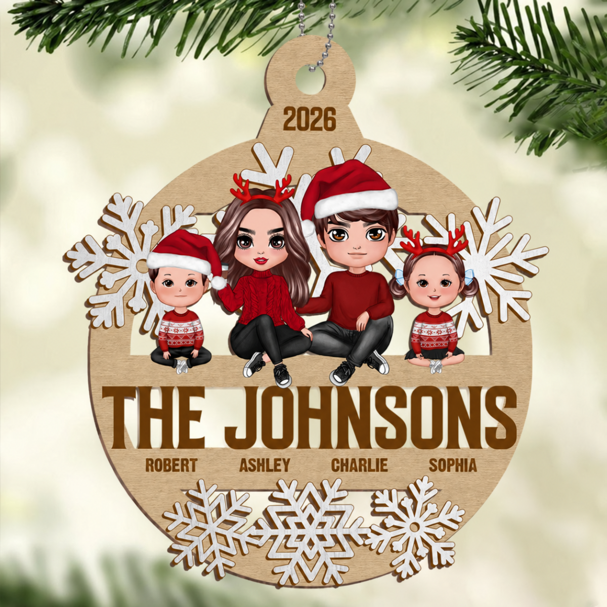 Snowflake Family Sitting Personalized Wooden Ornament