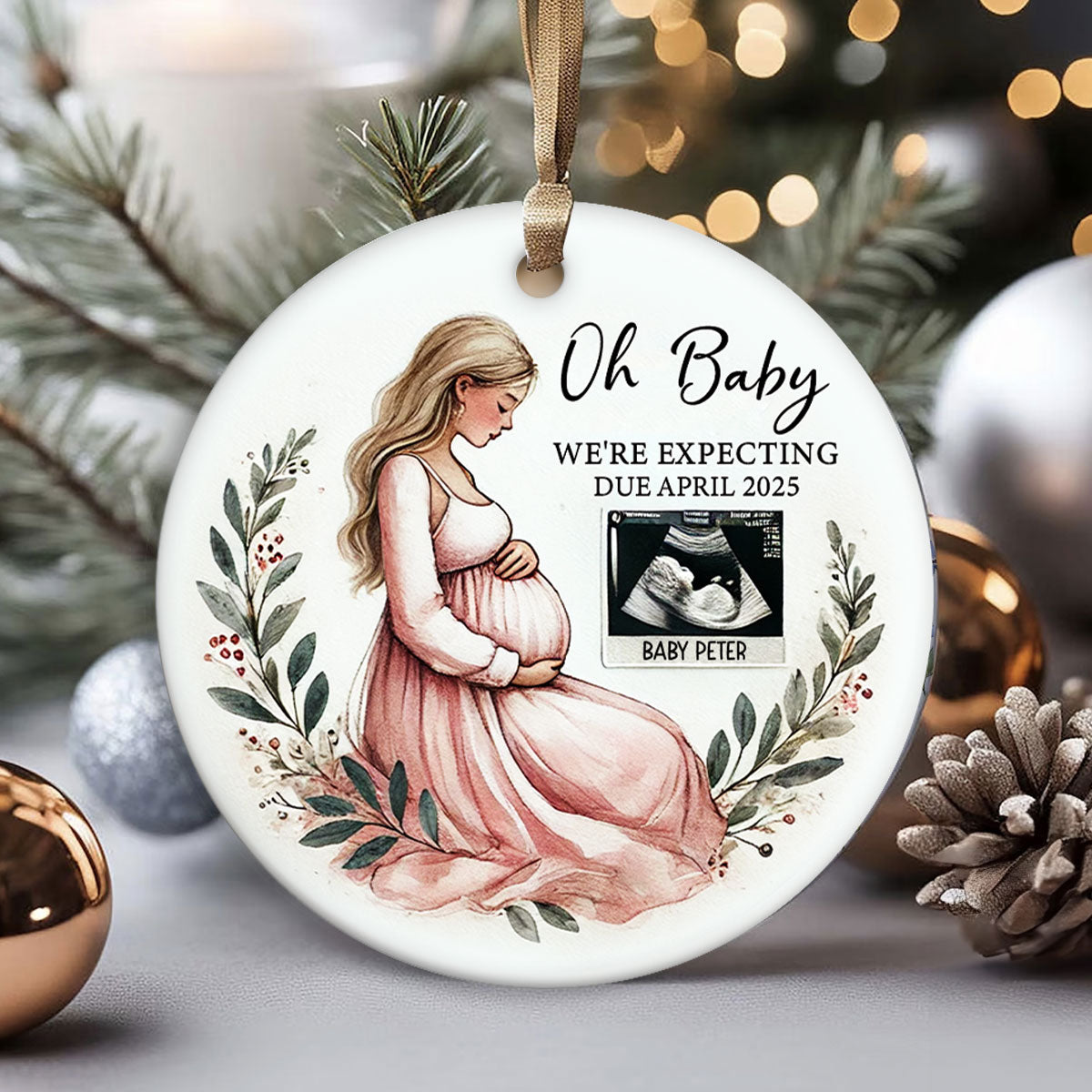 Oh Baby We're Expecting Pregnant Mom Baby Bump's Christmas Personalized Ceramic Ornament