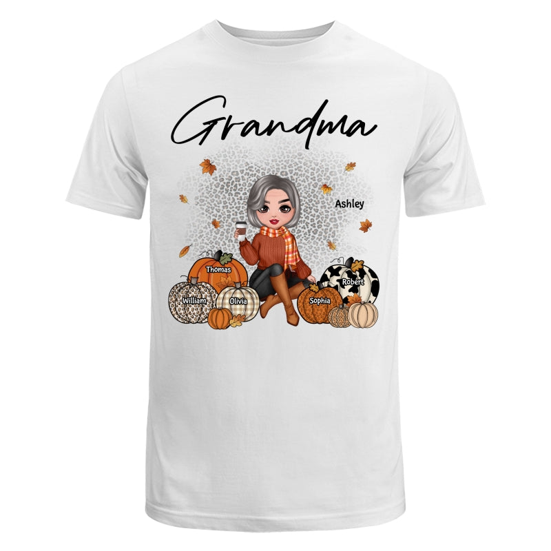 Fall Season Doll Grandma Sitting With Patterned Pumpkins Kids Names Personalized Shirt