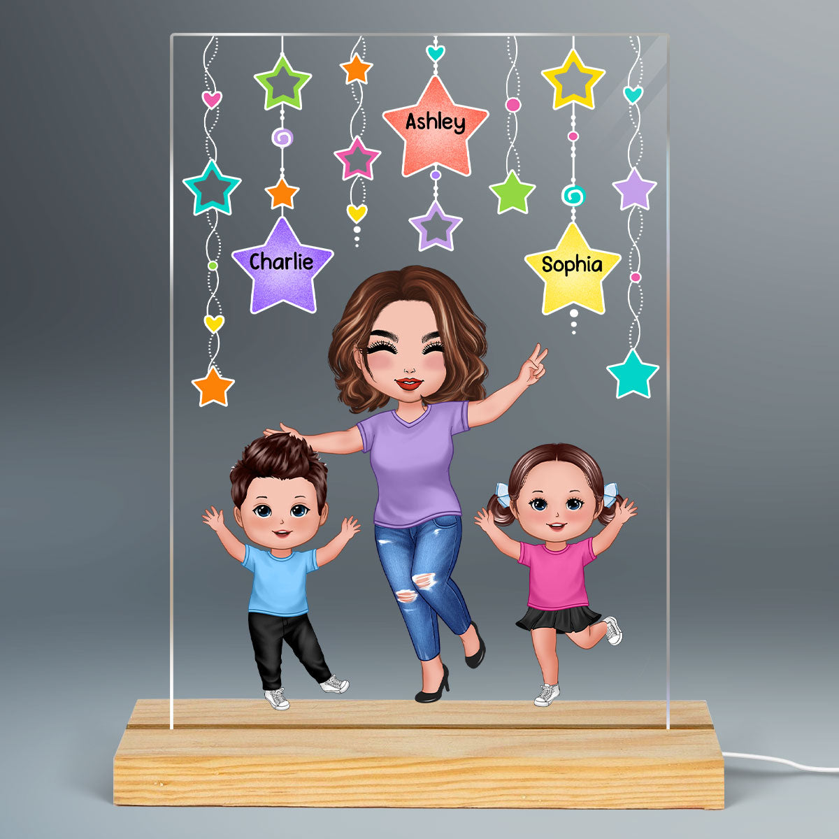 Star Strings Happy Doll Grandma Mom And Kids Personalized Rectangle Acrylic Plaque LED Night Light