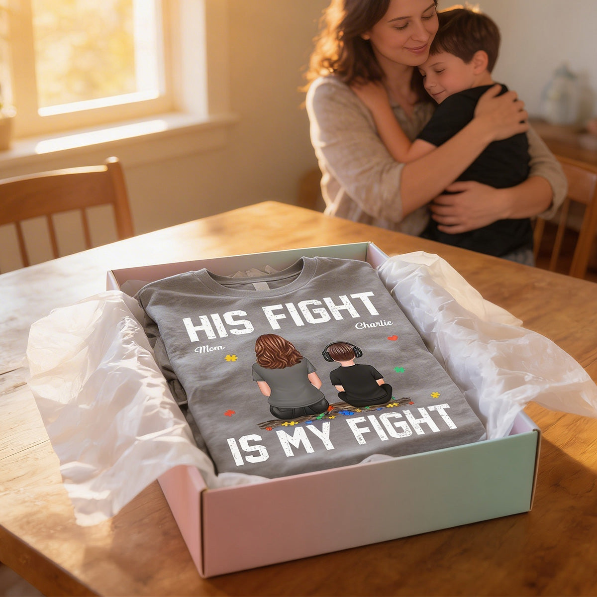 His Fight Is My Fight Autism Back View Parent & Kid - Personalized Shirt - Autism Awareness Shirt
