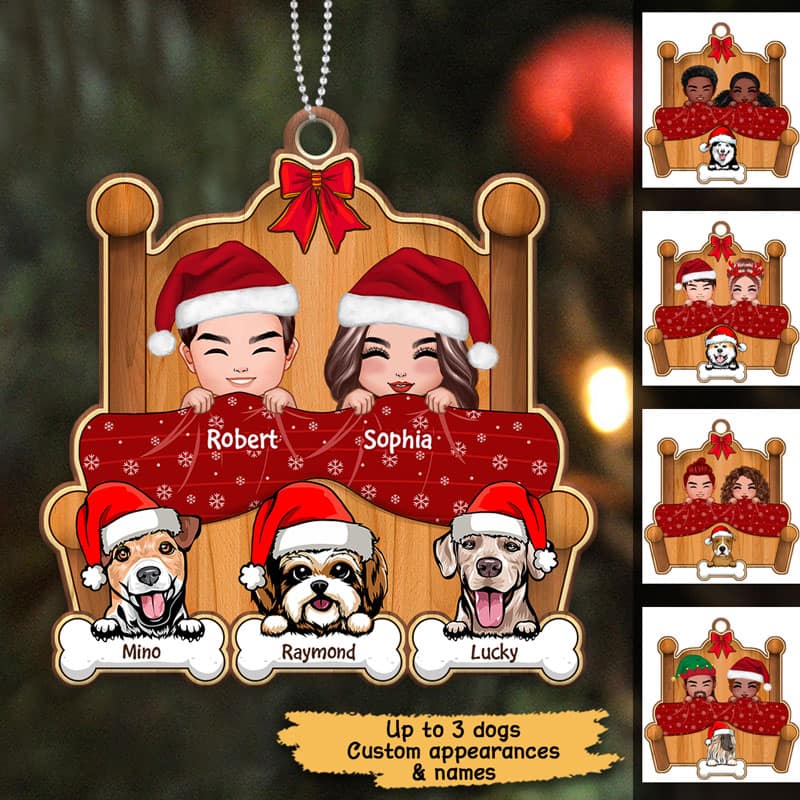 Christmas Doll Couple On Bed With Dogs Personalized Wooden Ornament