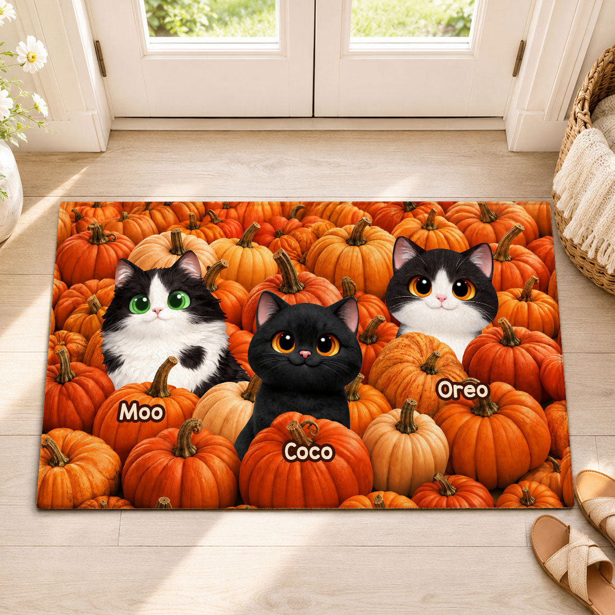 Fall Season Cute Cats Play In Pumpkin Patch - Personalized Doormat - Fall Decor For Cat Lovers
