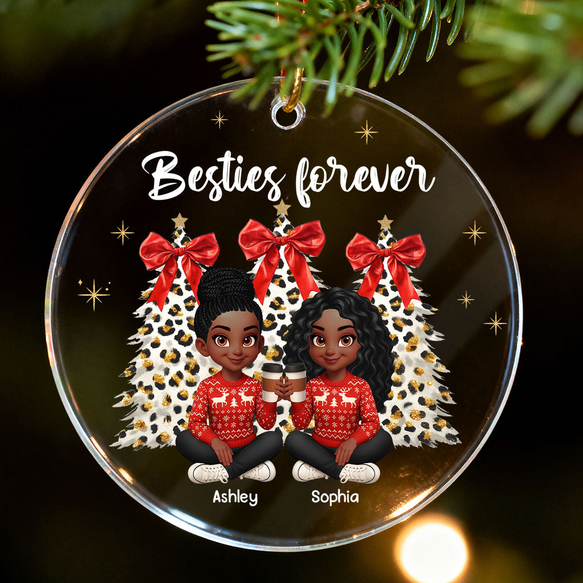 Besties Forever Leopard Coquette Christmas Tree - Personalized Acrylic Ornament