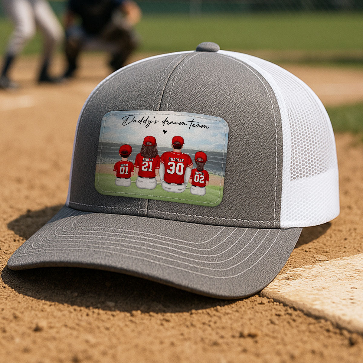 Baseball Daddy's Team Man & Kids Sitting Personalized Leather Patch Hat