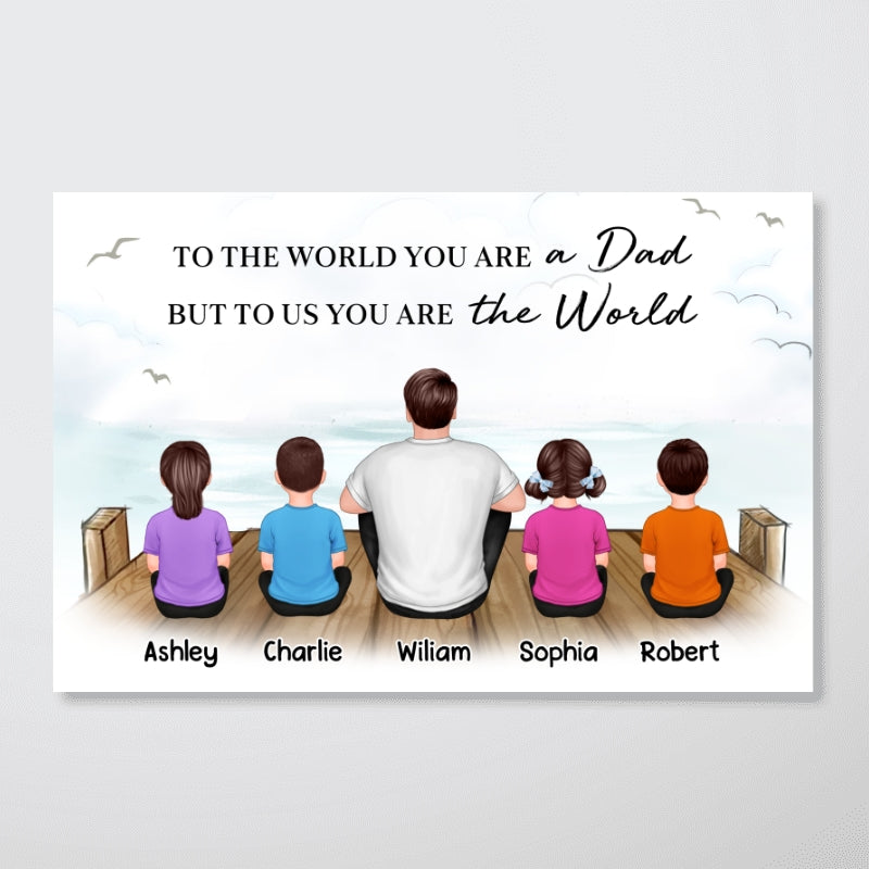 On The Bridge Dad Back View Man And Kids Dogs Cats Sitting Personalized Horizontal Poster