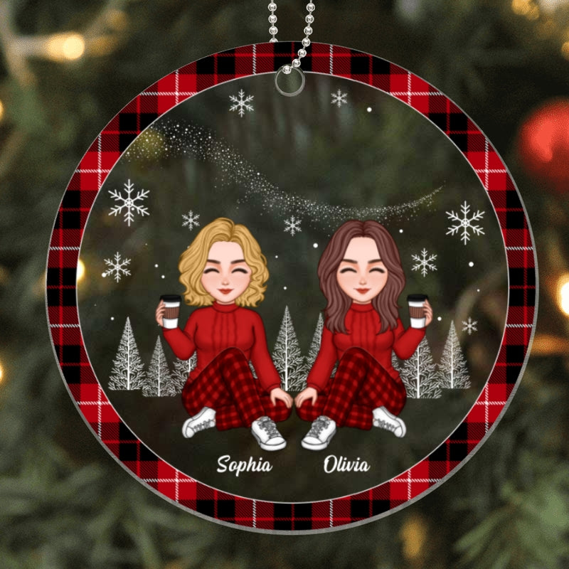 Besties Sister Sitting Checkered Pattern Frame Personalized Acrylic Ornament