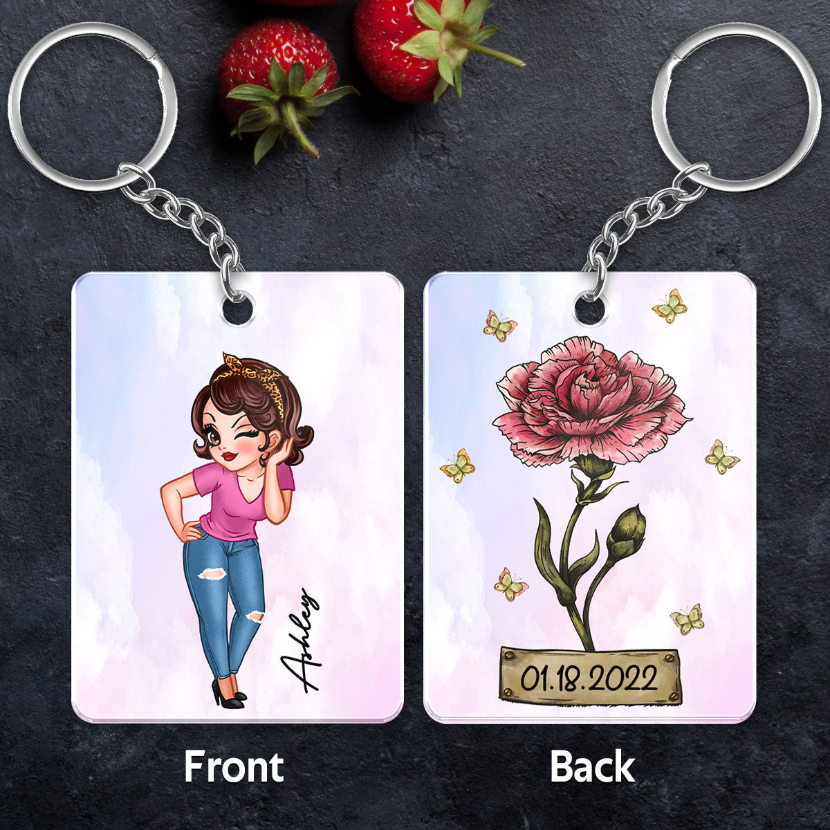 Pretty Woman Custom Character Beautiful Vintage Birth Flower & Name Birthday Gift For Family Friends Personalized Acrylic Keychain