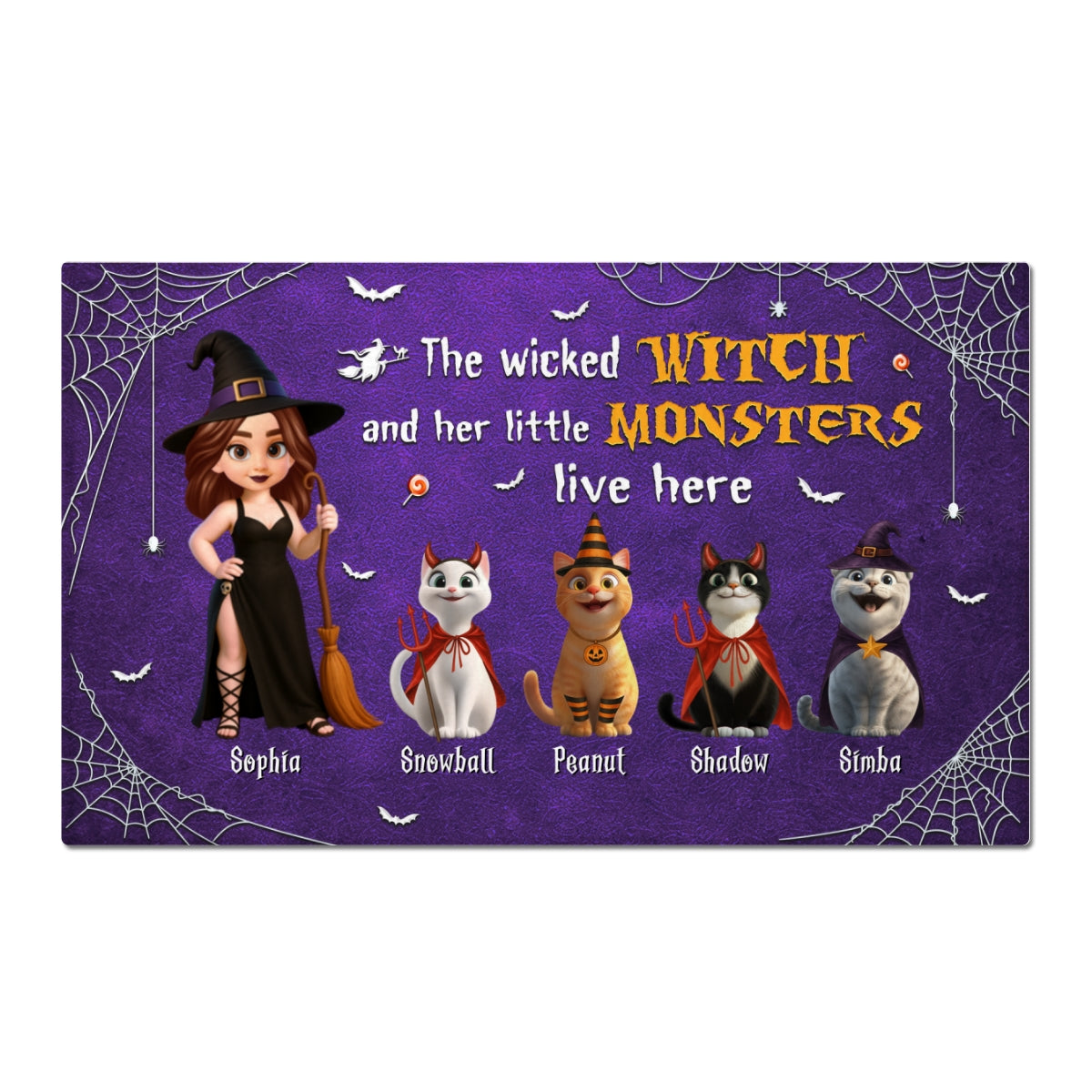 Halloween Wicked Witch & Little Monsters Cartoon Cats Personalized Doormat, Halloween Decor For Cat Lovers
