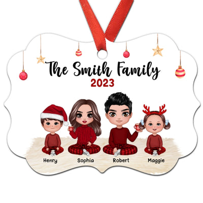 Doll Family Dad Mom Kids Sitting In House Personalized Christmas Ornament