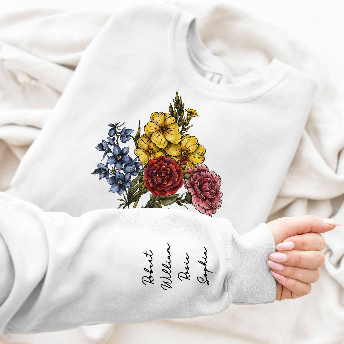 Custom Birth Month Flower Bouquet, Grandma Garden, Gift, Personalized Sleeve Printed Sweatshirt