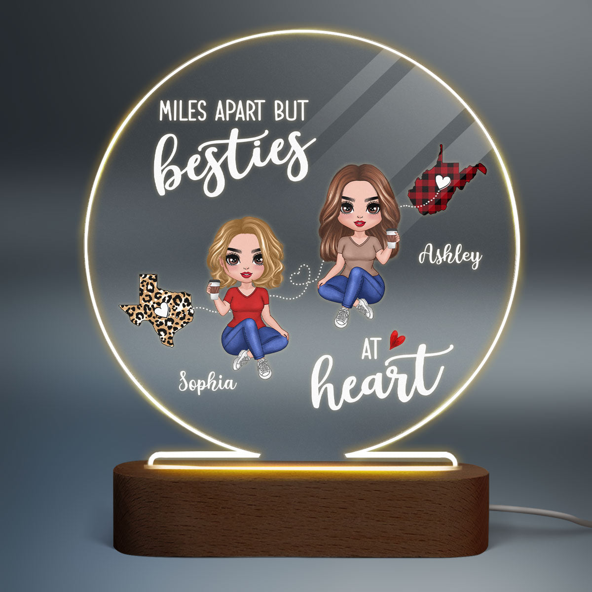 Long Distance Doll Besties Miles Apart Christmas Personalized Acrylic Circle Plaque With LED Night Light