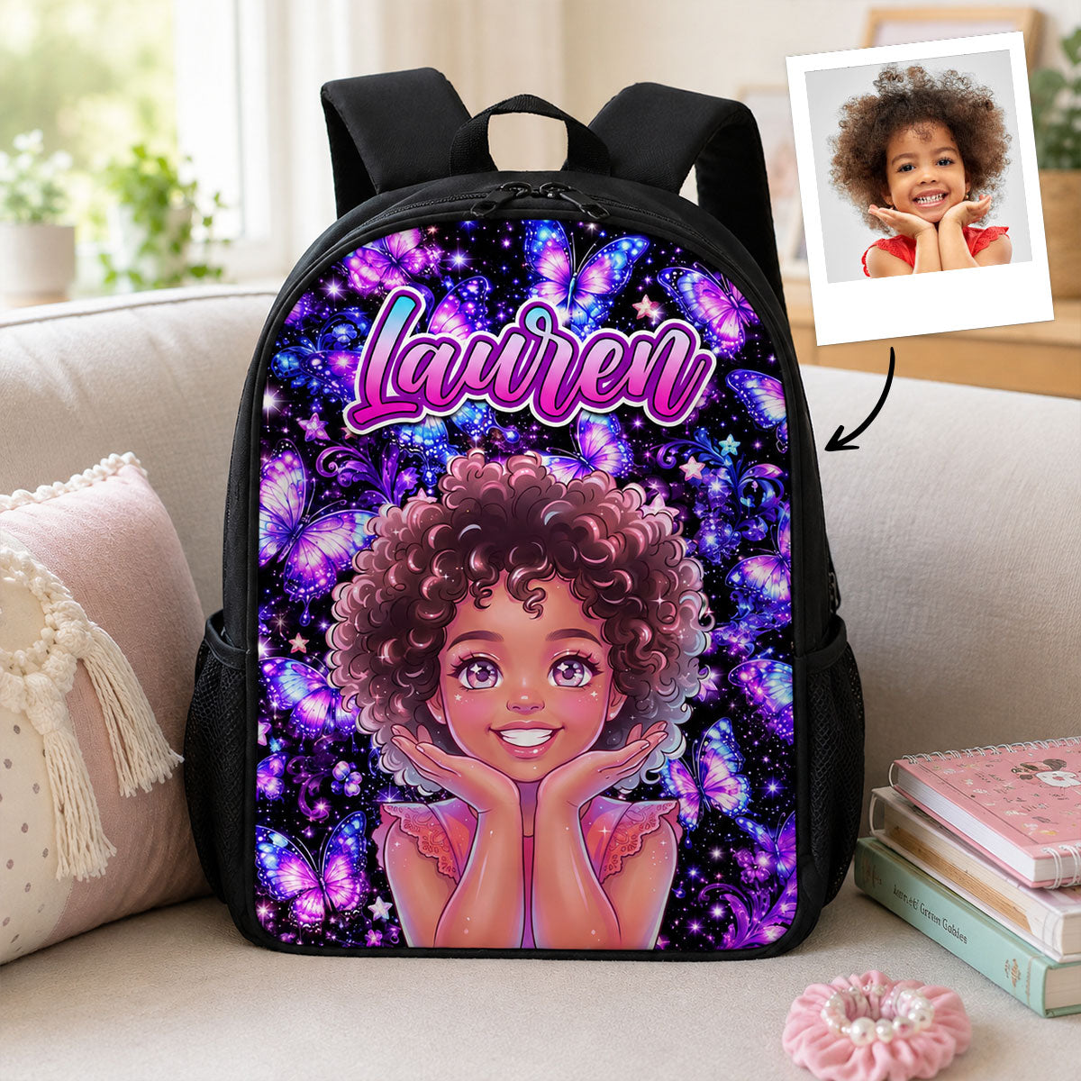 Girls Backpack Butterfly Custom Photo - Personalized Backpack - Back To School Gift, Gift For Kids
