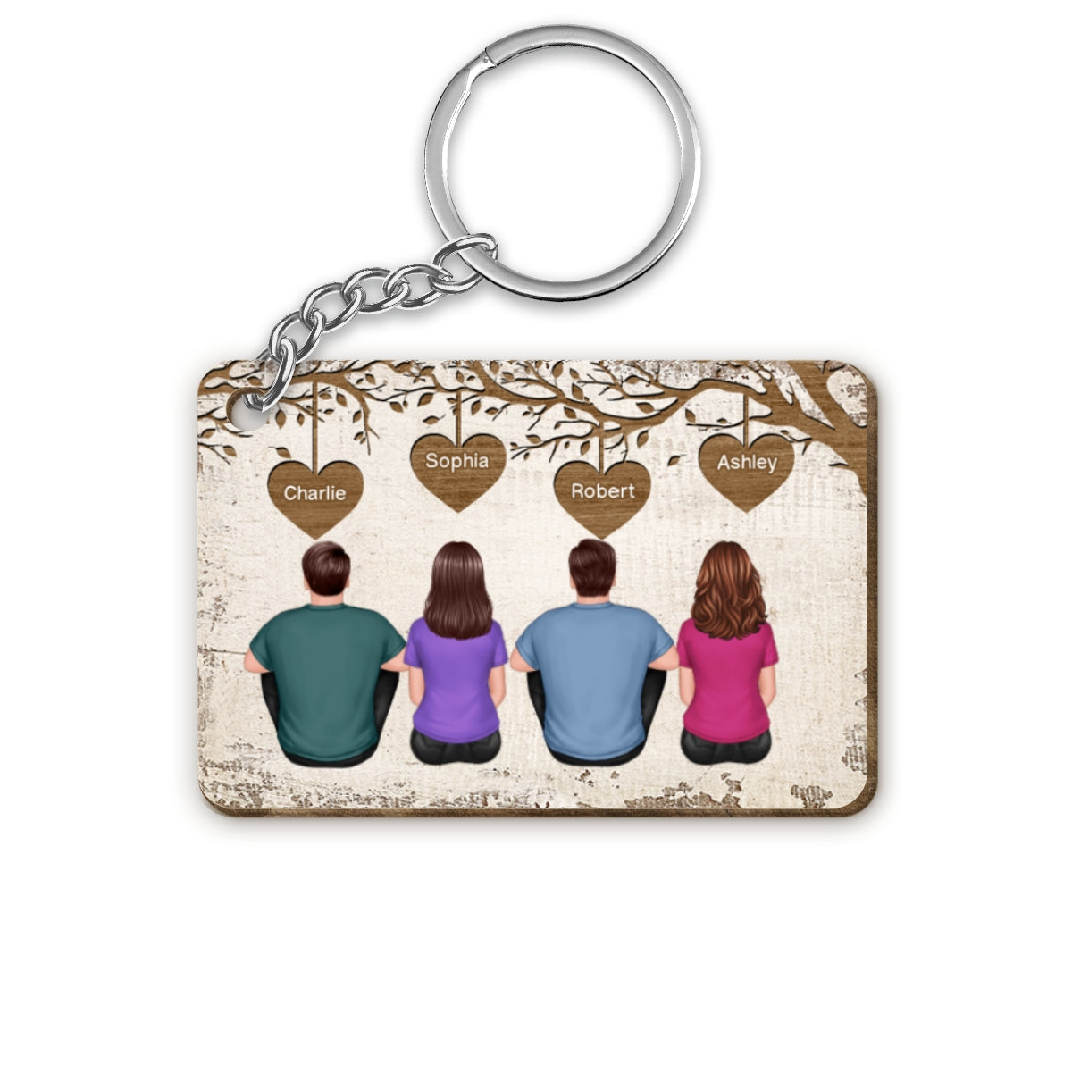 Family Grandma Grandpa Dad Mom Kids Dogs Cats Sitting Under Tree Personalized Wooden Keychain