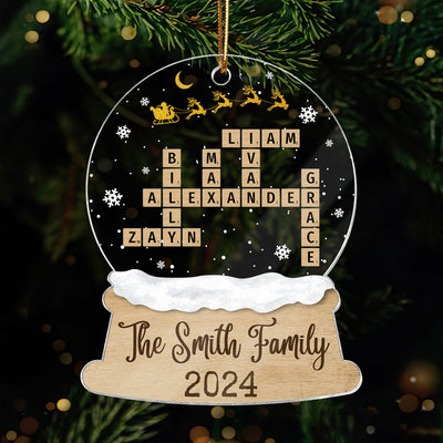 Snow Globe Christmas Sleigh Family Puzzle Crossword Personalized Acrylic Ornament, Christmas Gift For Family