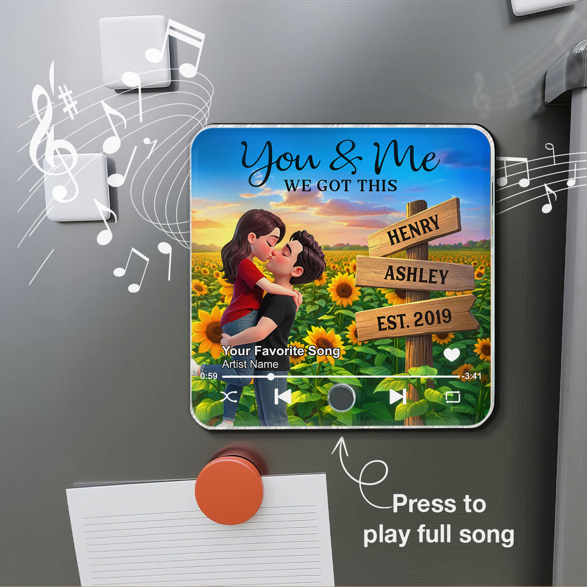 Everlasting Love Couple Hugging Kissing Sunflower Field Sign Posts - Personalized Music Fridge Magnet - Valentine's Day Gift For Couple