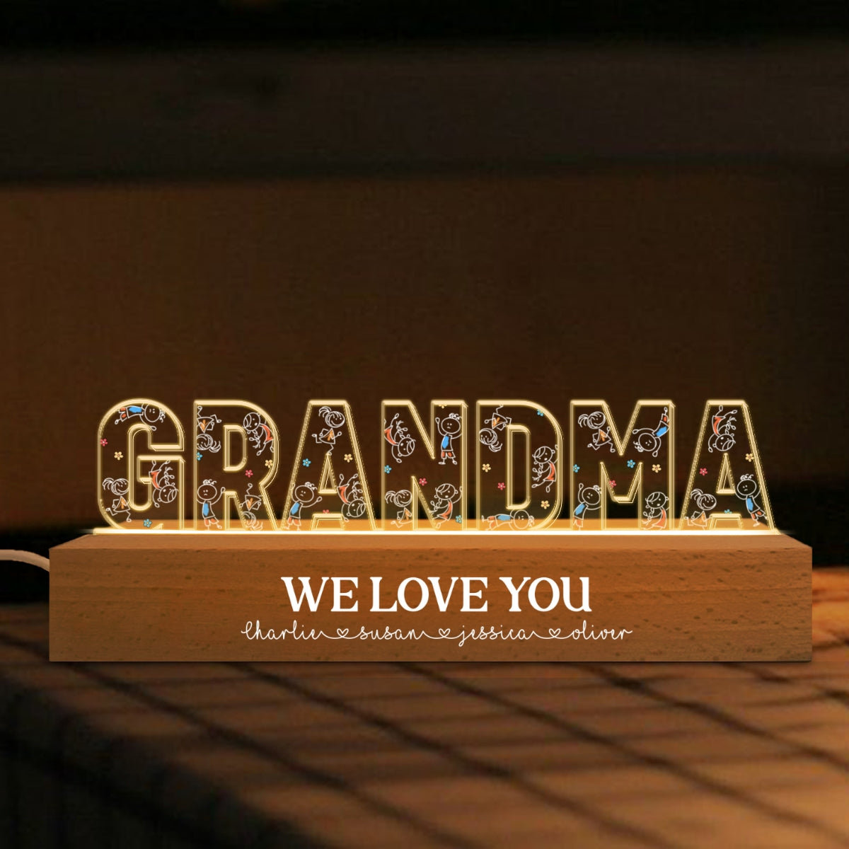 Grandma Drawing Cute Kids Personalized LED Night Light, Gift For Grandma