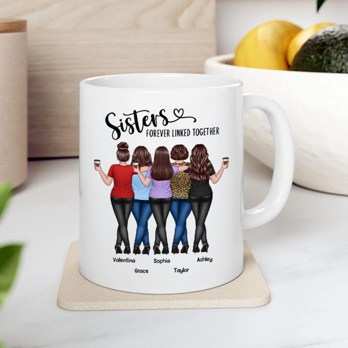 Back View Sisters Walking Forever Linked Together Personalized Mug, Gift For Sisters, Siblings