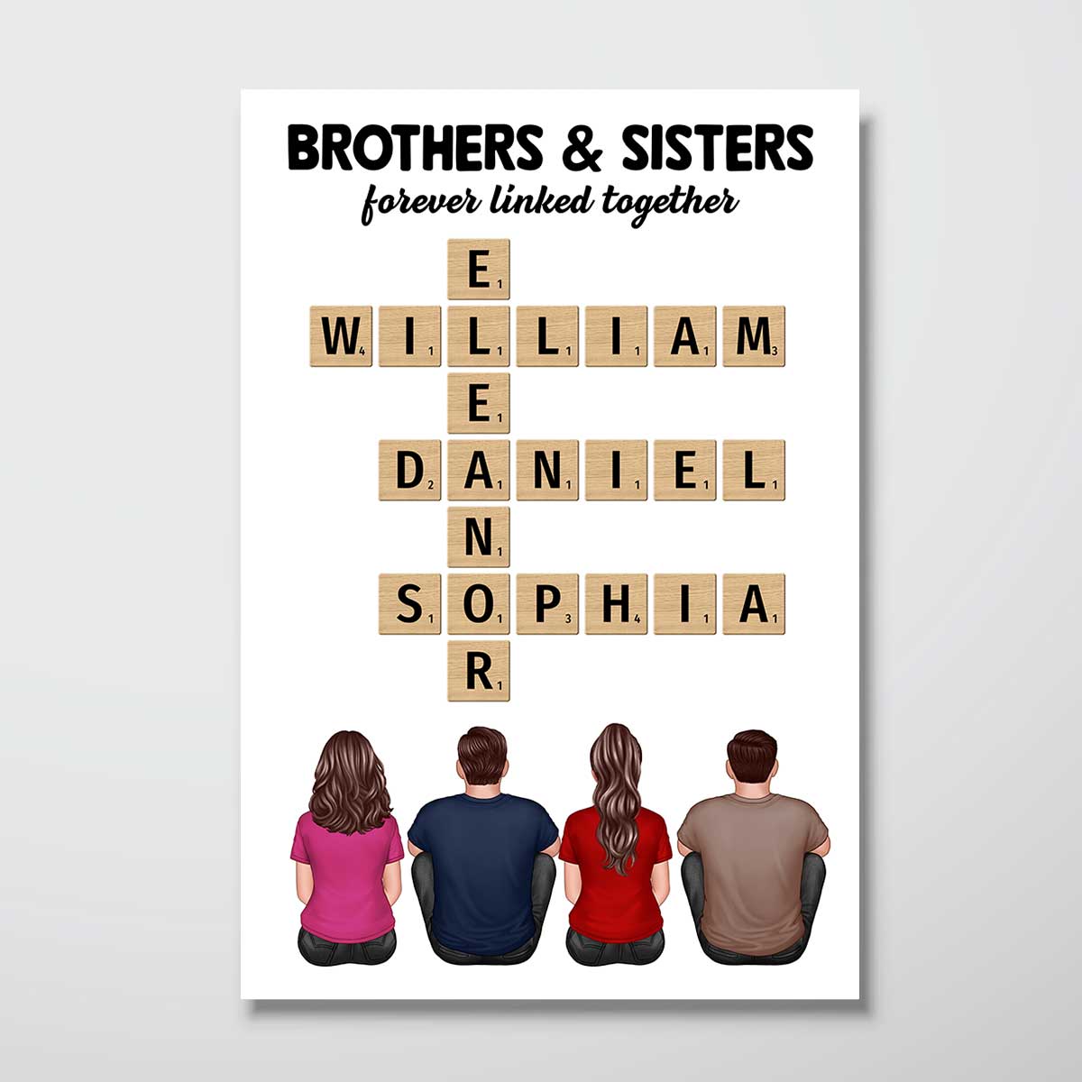 Crossword Art Brothers & Sisters Forever Linked Together Back View Sitting Personalized Poster