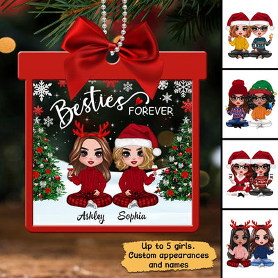 Doll Besties Sisters Sitting In Gift Shape Personalized Acrylic Ornament
