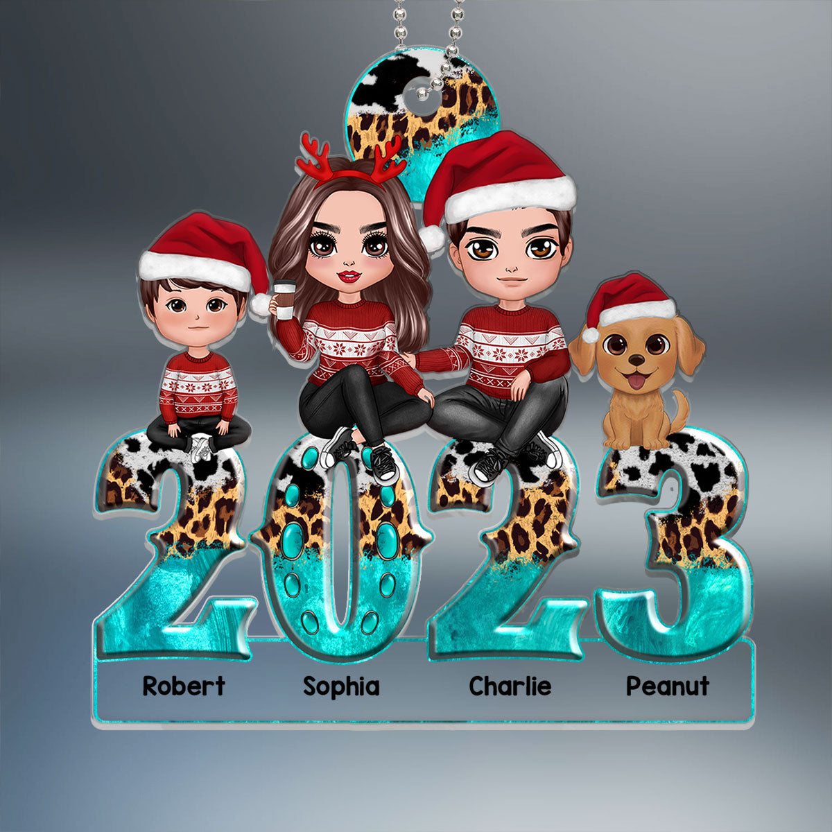 Teal And Leopard 2023 Family Sitting Personalized Acrylic Ornament
