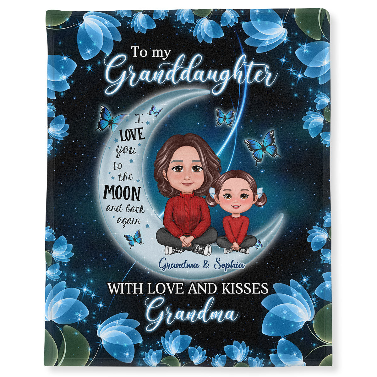 To My Grandson Granddaughter Crossed Legs Blue Moon Butterflies Personalized Fleece Blanket