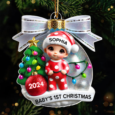 Baby First Christmas 3D Effect Personalized Acrylic Ornament, Christmas Tree Bow, New Parents Keepsake, Gift for Newborn