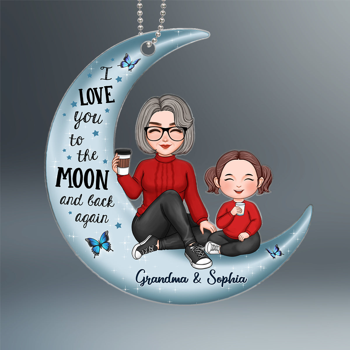 Cute Grandma & Grandkid On Moon Personalized Acrylic Ornament, Birthday Gift, Anniversary Gift [Grandma's nickname can be changed]