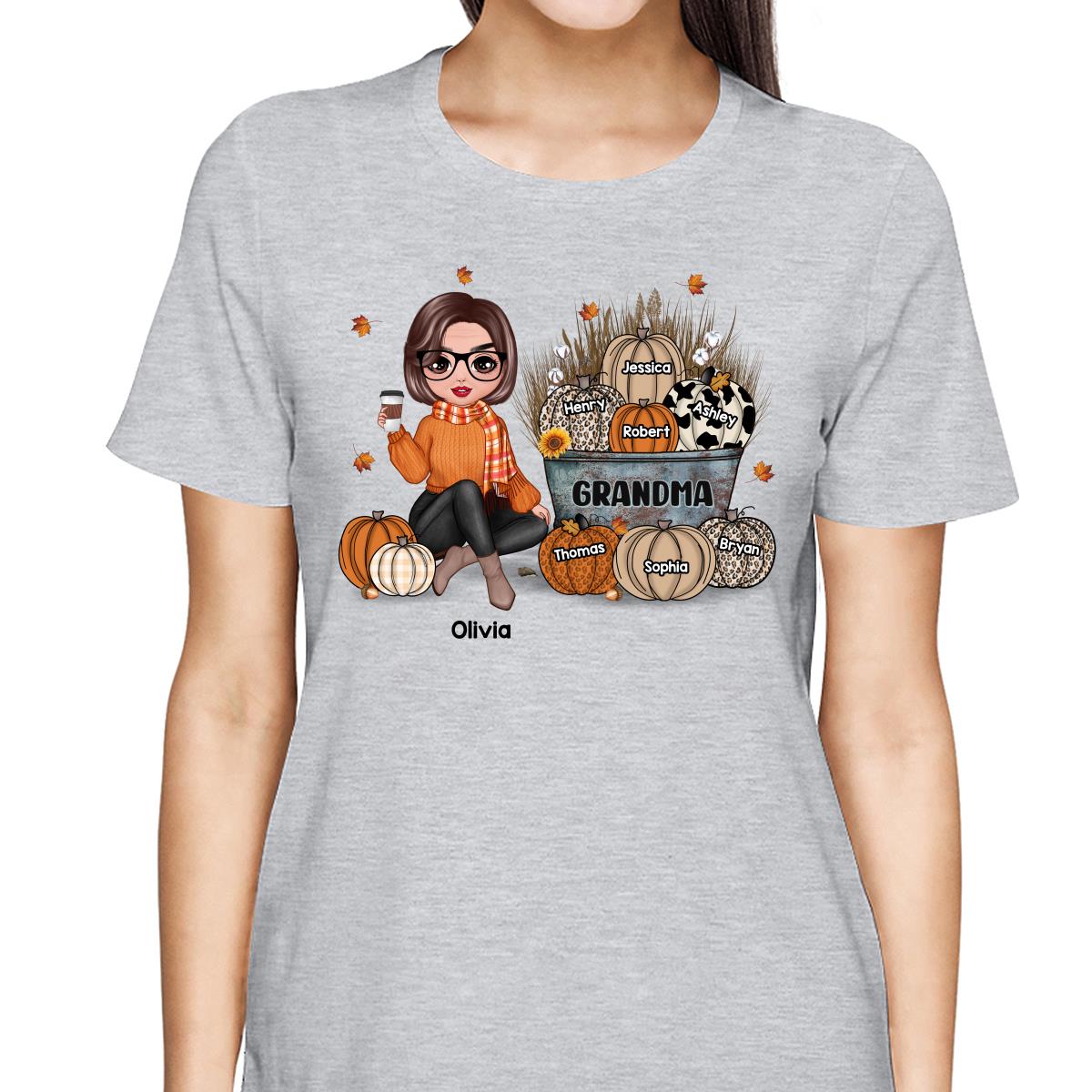Grandma Mom Fall Season Sitting Pumpkin Bucket Personalized Shirt