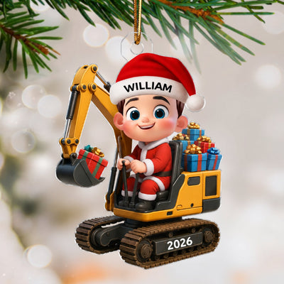 3D Effect Cute Cartoon Kid With Christmas Excavator Personalized Acrylic Ornament, Christmas Gift For Grandkids, Kids