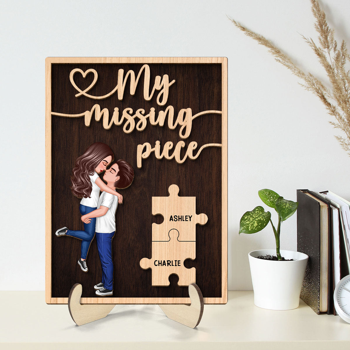 My Missing Piece Hugging Kissing Couple Dark Theme Valentine‘s Day Gift For Her Gift For Him Personalized 2-Layer Wooden Plaque