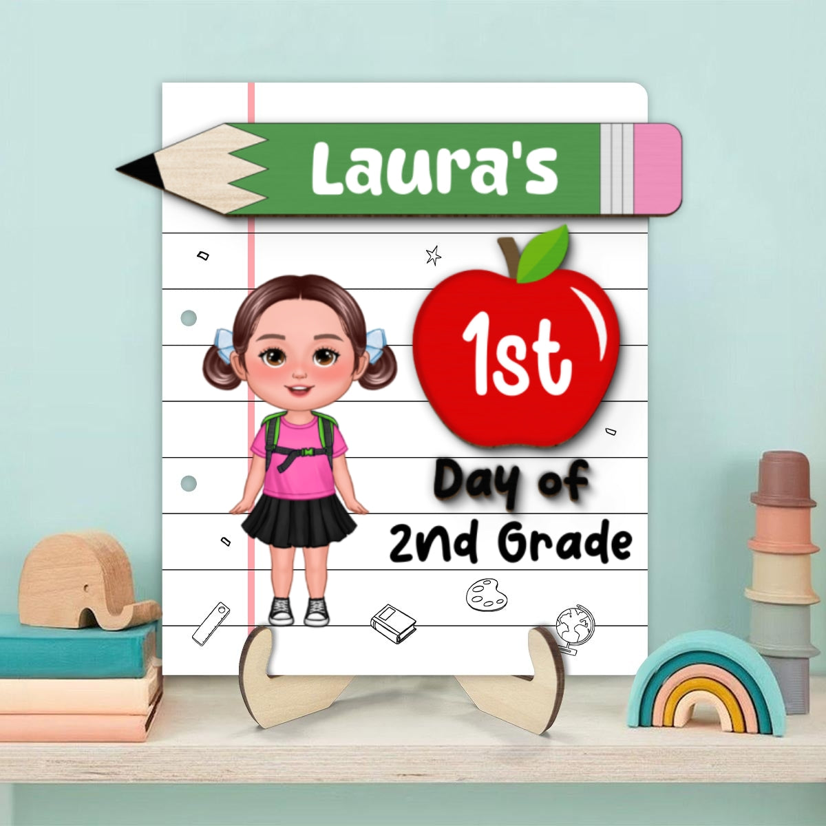 Back To School Sign Cute Doll Kid Personalized 2-Layer Wooden Plaque