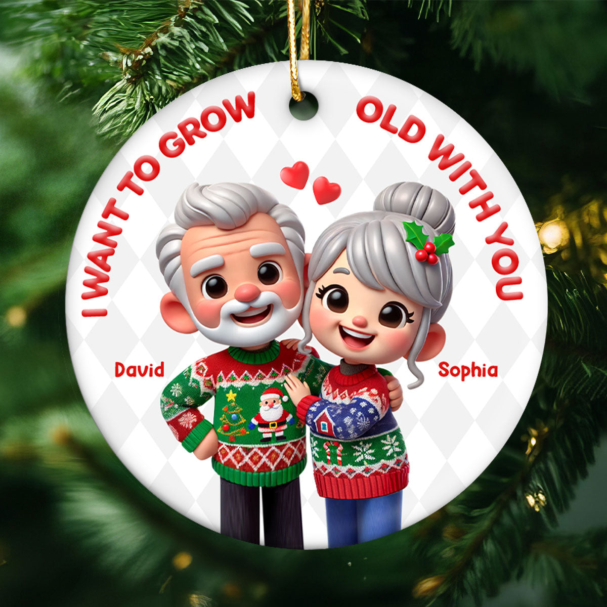 Funny Cartoon Couple I Want To Grow Old With You Christmas Personalized Ceramic Ornament
