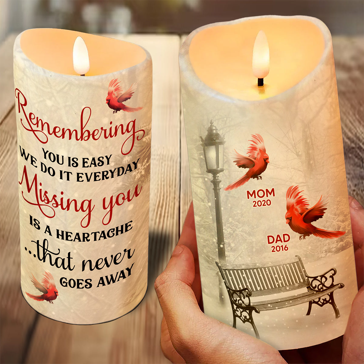 Cardinals Winter Memorial Personalized LED Candle, Remembrance Gift, Sympathy Gift