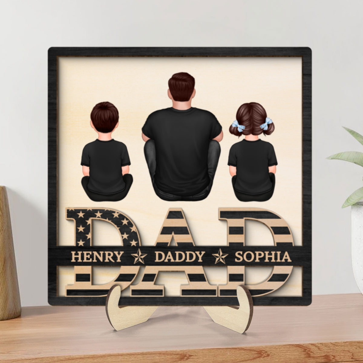 Grandpa Dad Kids Sitting On Text Nation Flag Personalized 2-Layer Wooden Plaque