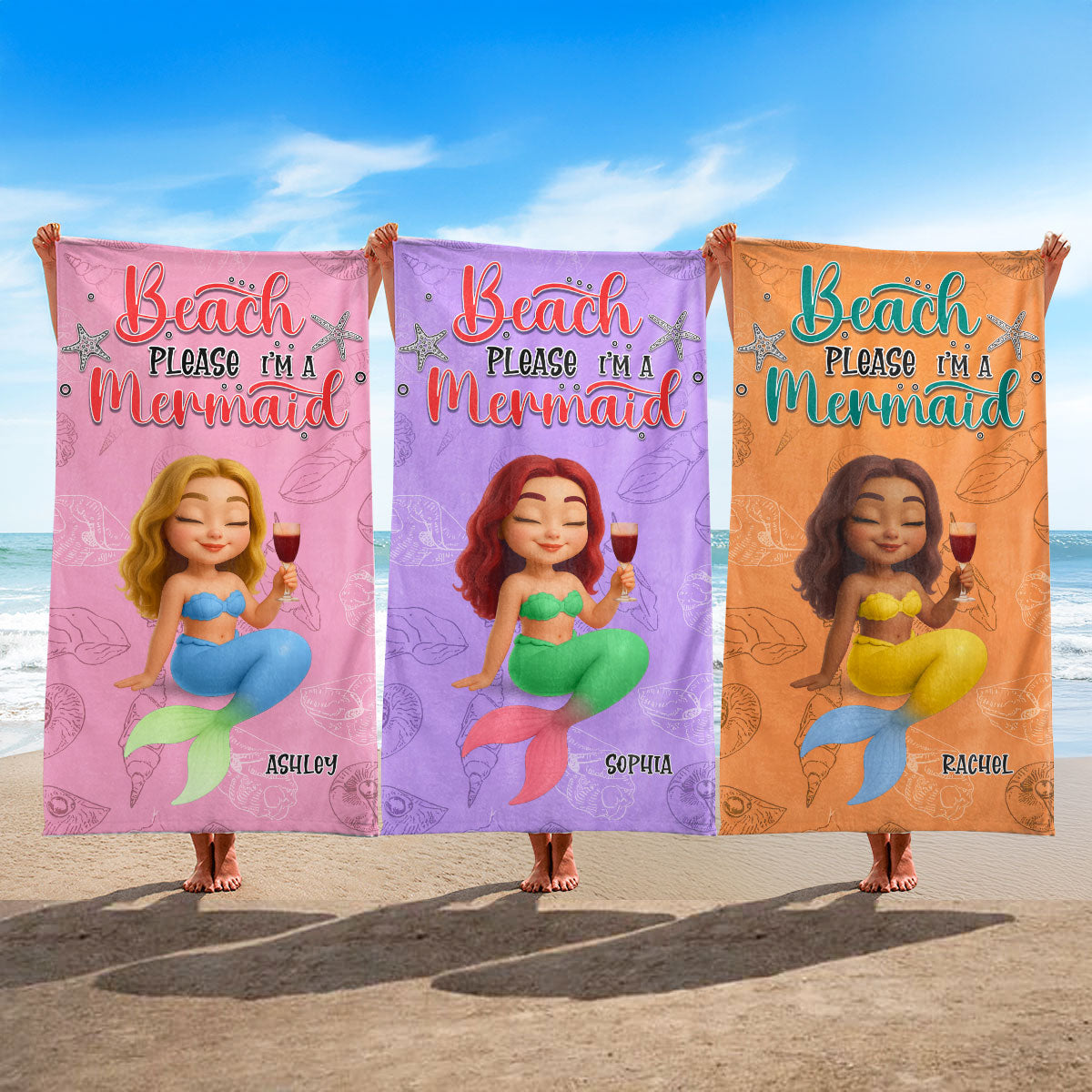 Beach Please I'm A Mermaid Personalized Beach Towel, Besties Summer Beach Trip