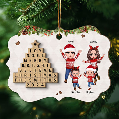 Happy Family By Word Art Christmas Tree Personalized 2-Layer Wooden Ornament
