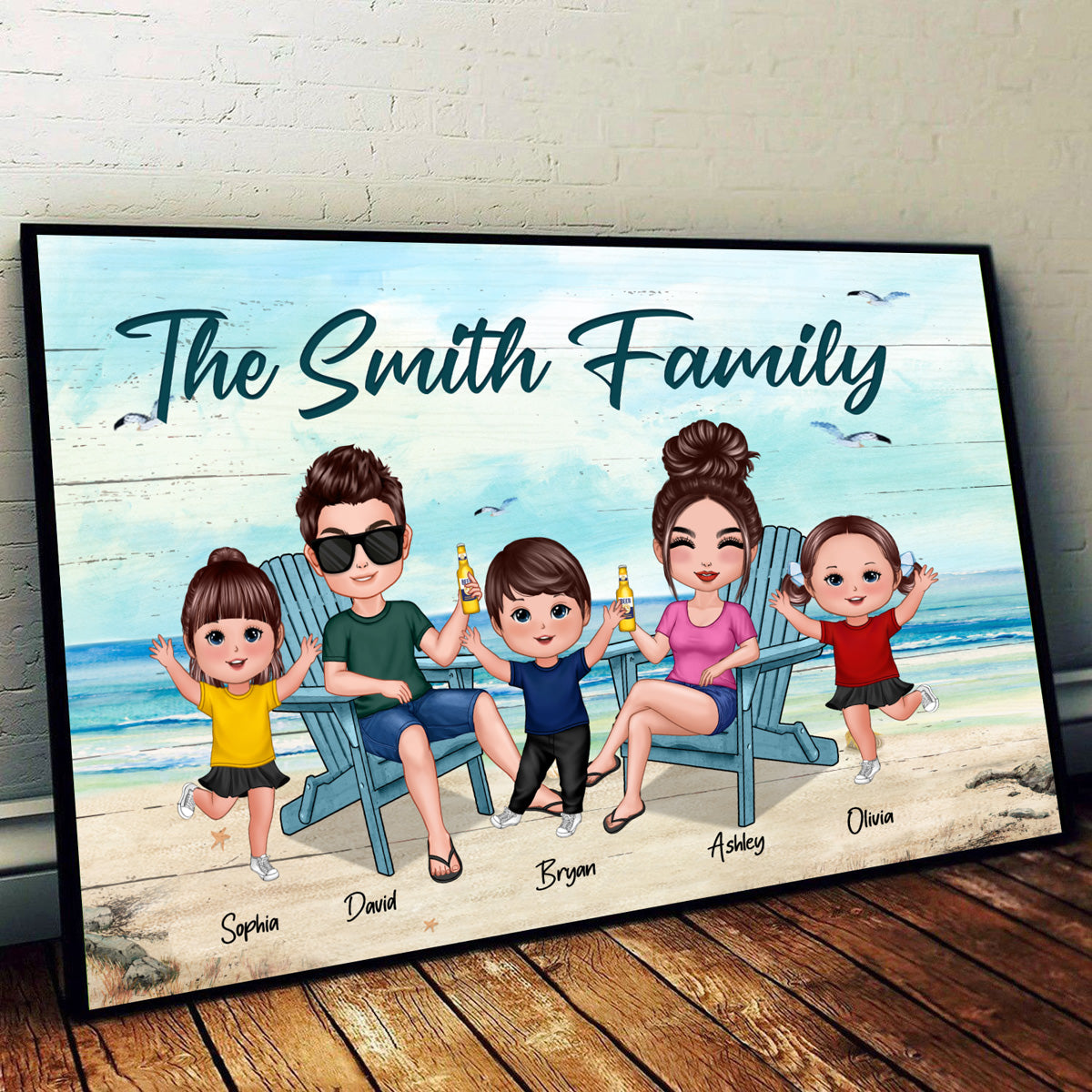 Whole Doll Family Couple Dad Mom Kids Dogs Cats Sitting Beach Landscape Personalized Horizontal Poster
