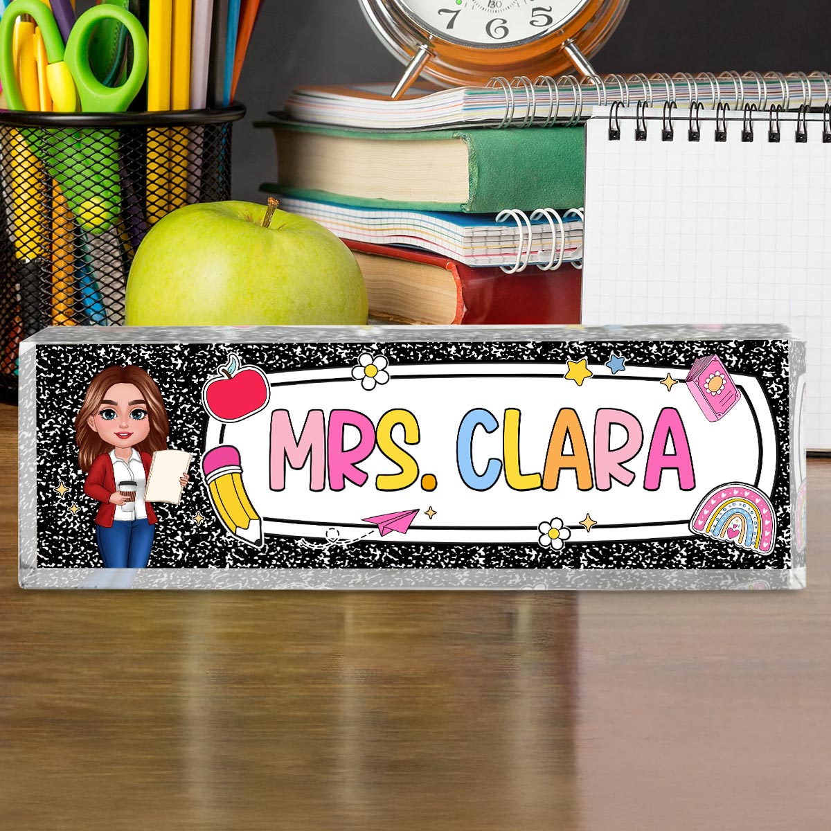 Teacher Composition Book Pattern Personalized Acrylic Desk Name Plate, Back To School Gift