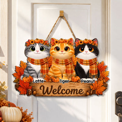 Fall Cats Welcome Door Sign - Personalized Door Sign - Fall Season Decor Gift, Gift For Cat Lovers