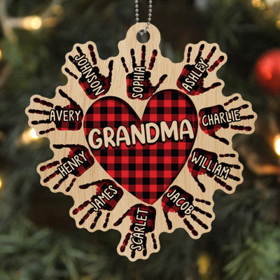 Grandma Heart Handprint Checkered Personalized Wooden Ornament