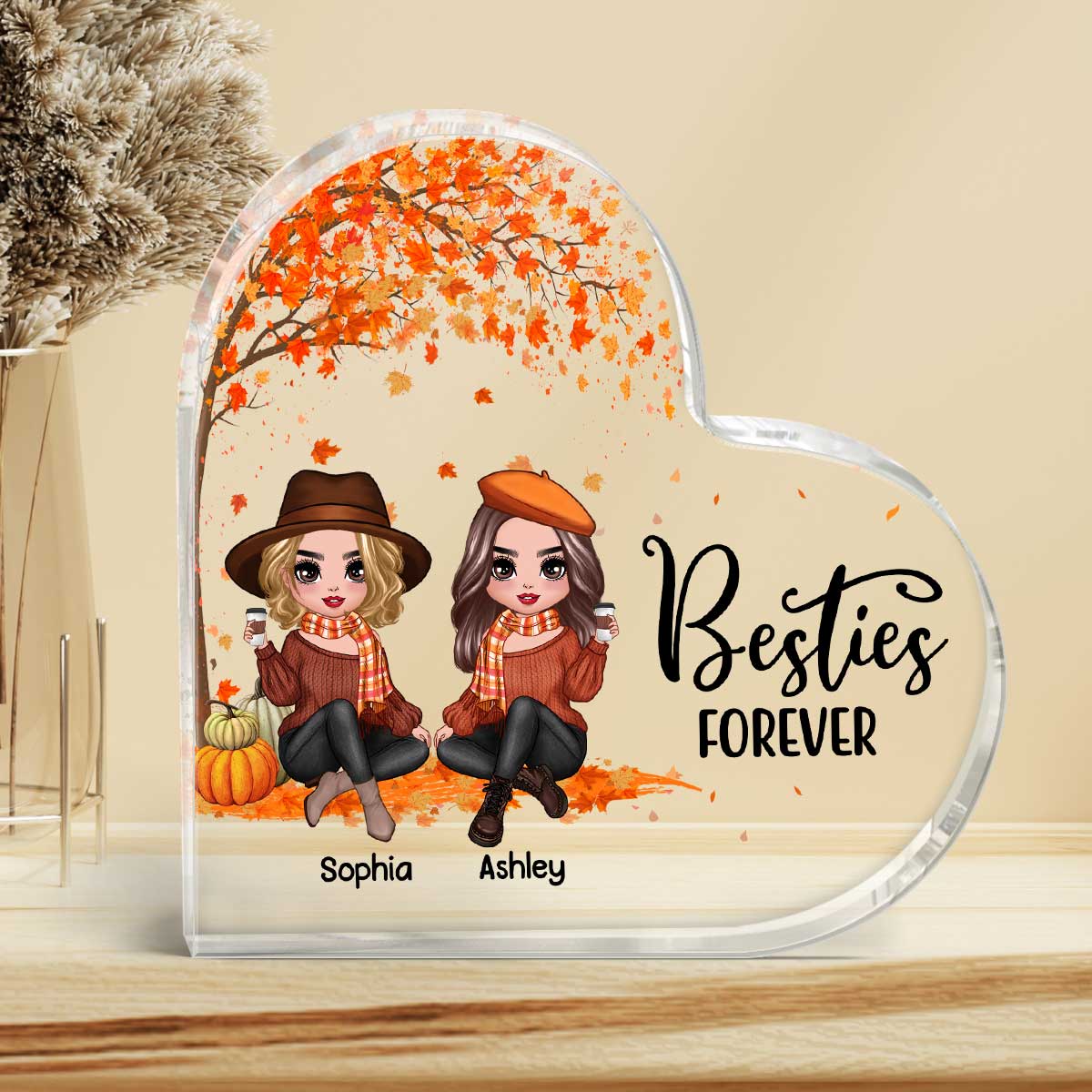 Fall Season Doll Besties Sitting Under Tree Personalized Acrylic Heart Plaque