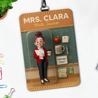3D Effect Teacher Figure Style Personalized ID Badge Holder, Back To School Gift For Teacher Colleagues