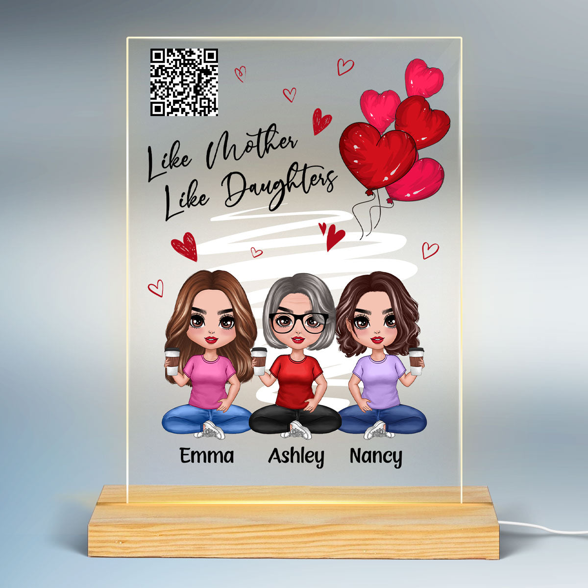 Red Hearts Favorite Song Scannable QR Code Like Mother Like Daughters Doll Mom And Daughters Sitting Personalized Rectangle Acrylic Plaque LED Night Light