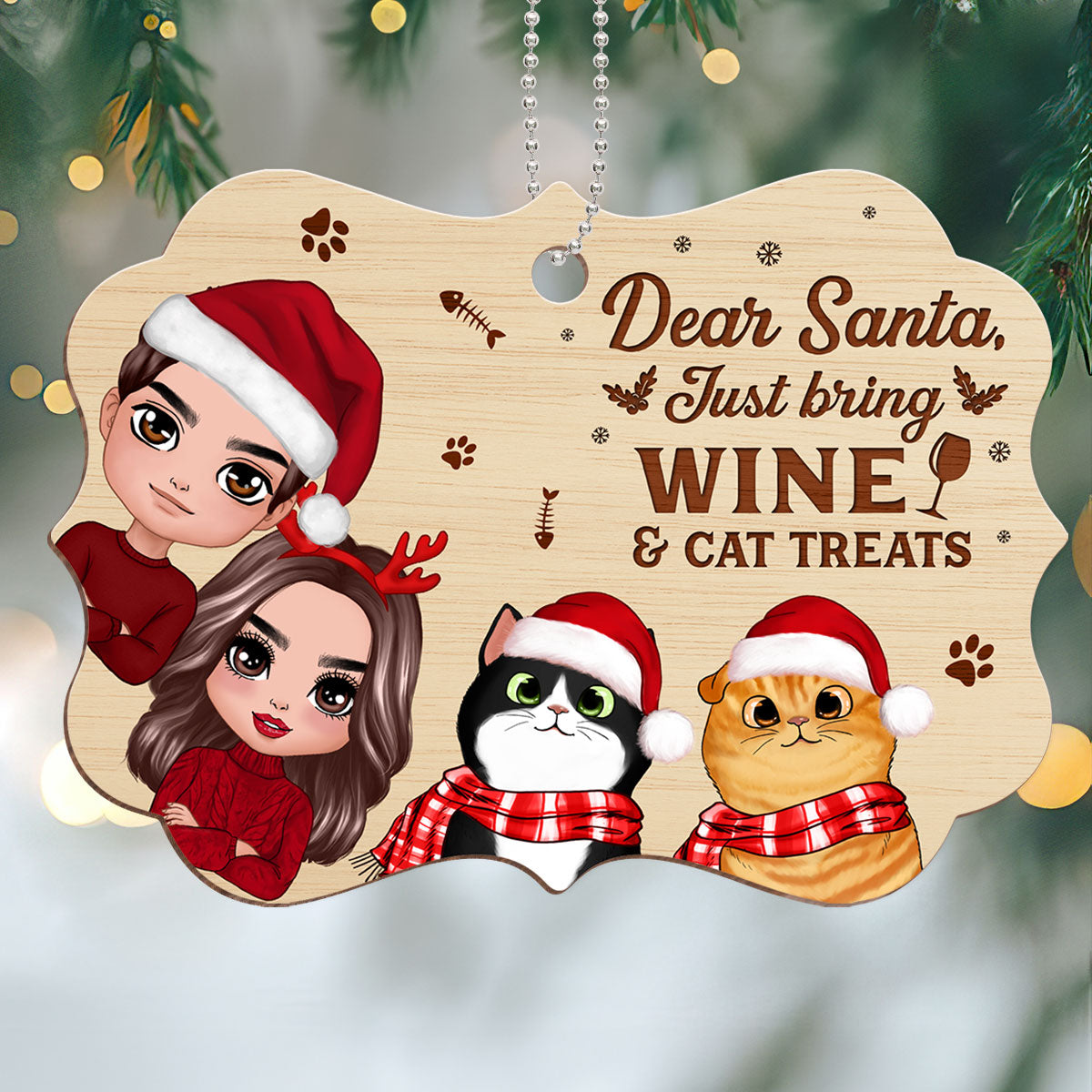 Dear Santa Just Bring Wine & Cat Treats Funny Personalized Wooden Ornament