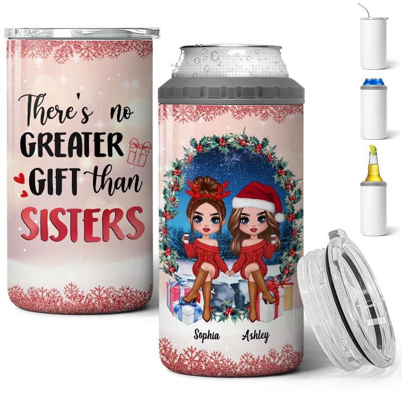 Doll Besties Sisters Sitting In Wreath Personalized 4 In 1 Can Cooler